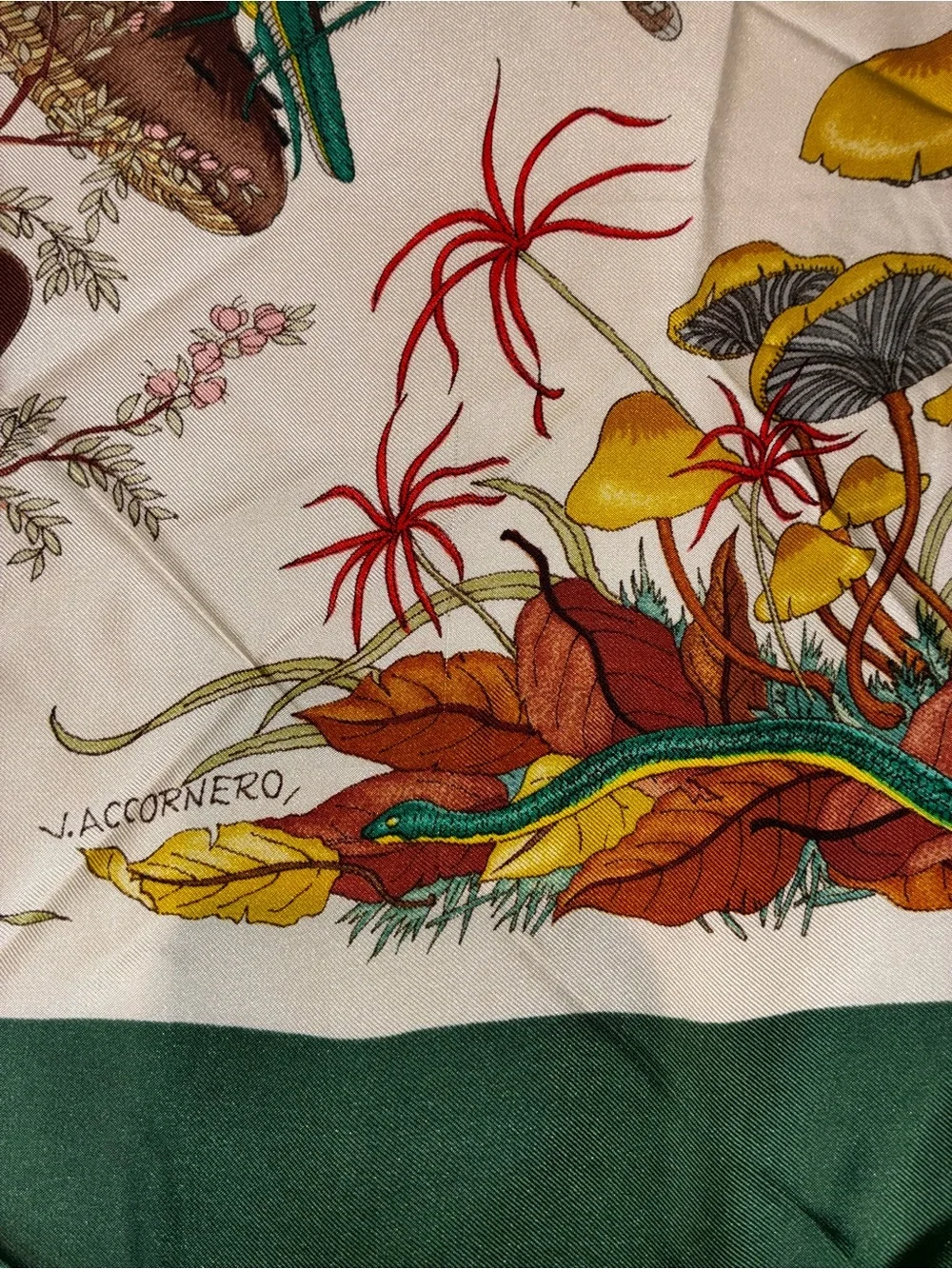 1960’s vintage Gucci Green Botanical Print Silk Scarf, xl 34”